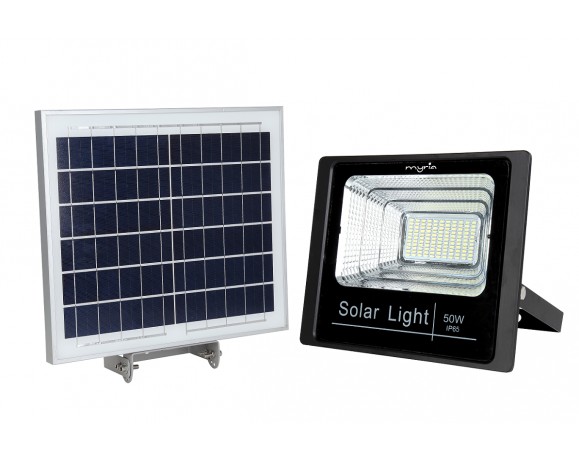 Proiector LED cu panou solar MYRIA MY2246, 50W, 3500 lumeni, IP65, argintiu